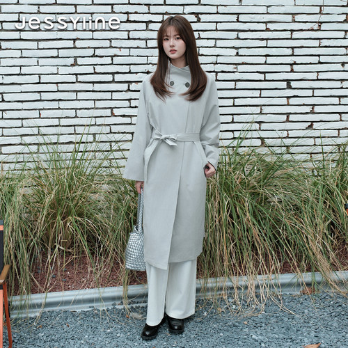 杰茜莱高级感灰色立领女中长风衣