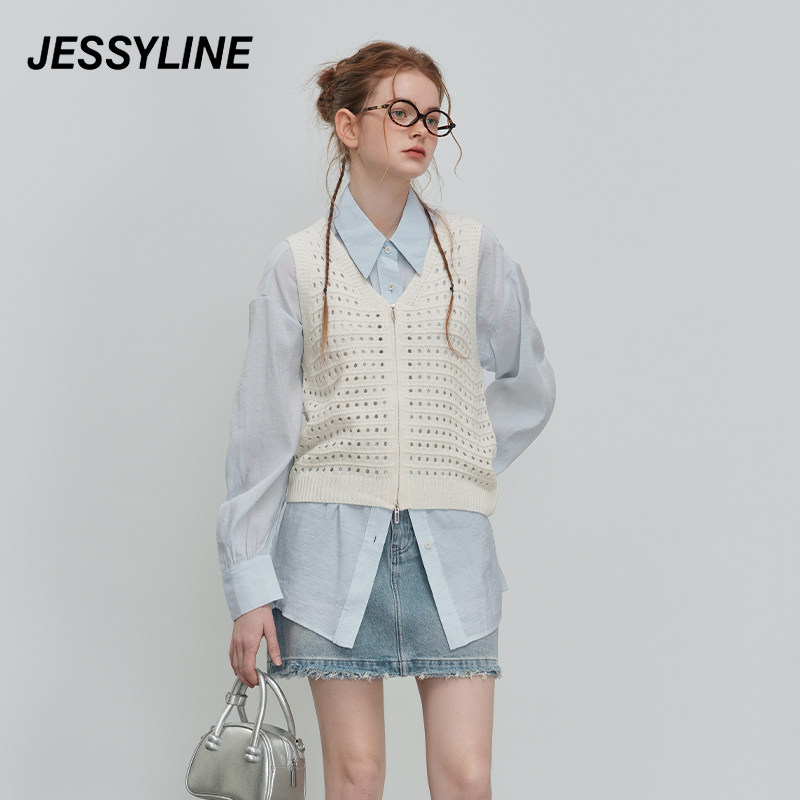 jessyline绝美春装新款 杰茜莱时尚白色百搭短款v领针织衫马夹女