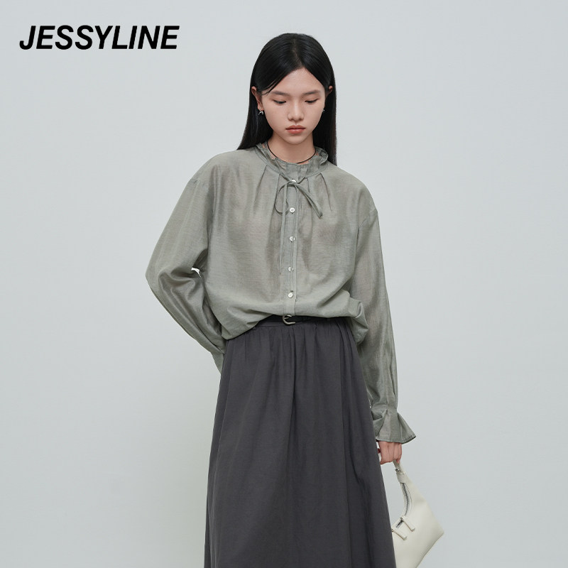 jessyline春秋季新款 杰茜莱时尚百搭灰色气质休闲衬衫女士上衣潮