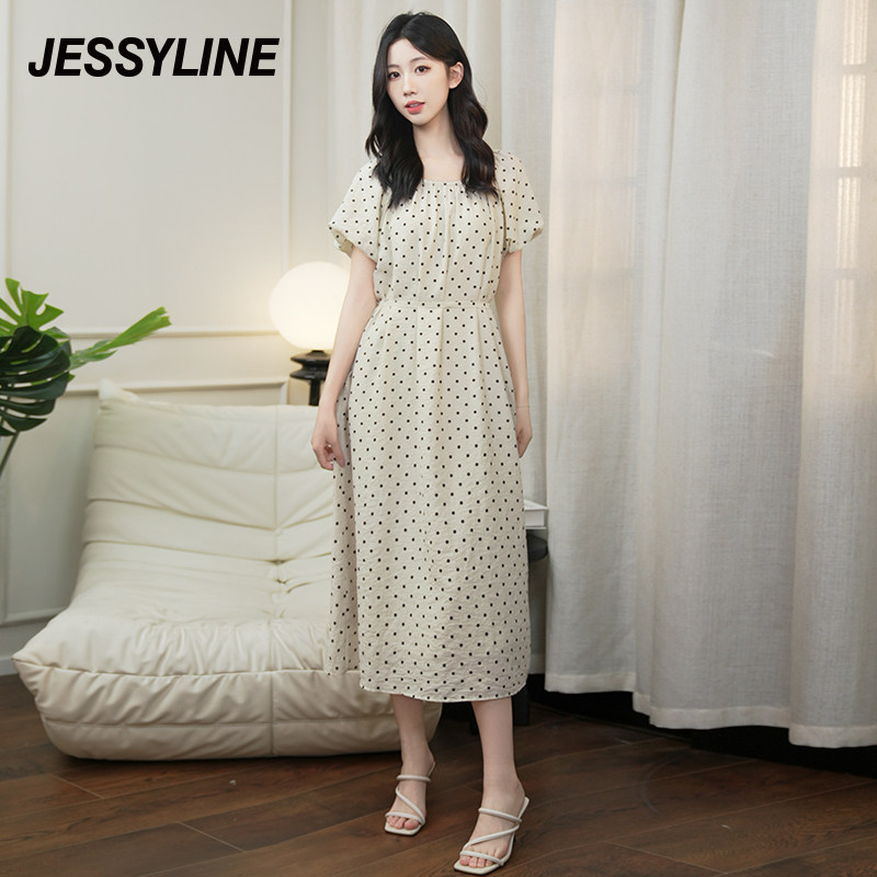 jessyline杰茜莱春夏新款黑白色波点减龄显瘦中长款小清新连衣裙