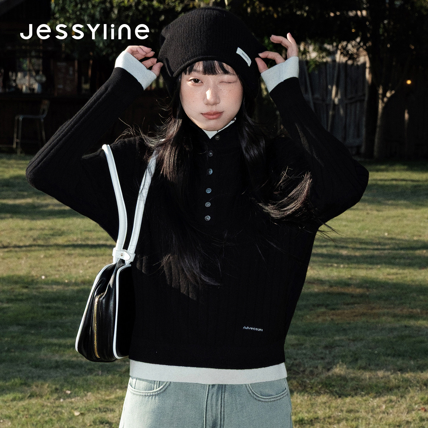 100%绵羊毛 jessyline杰茜莱2026冬季新款黑色假两件针织衫女毛衣