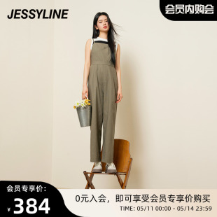 杰茜莱军绿色背带休闲裤 jessyline 百搭连体直筒裤 女2024春夏新款