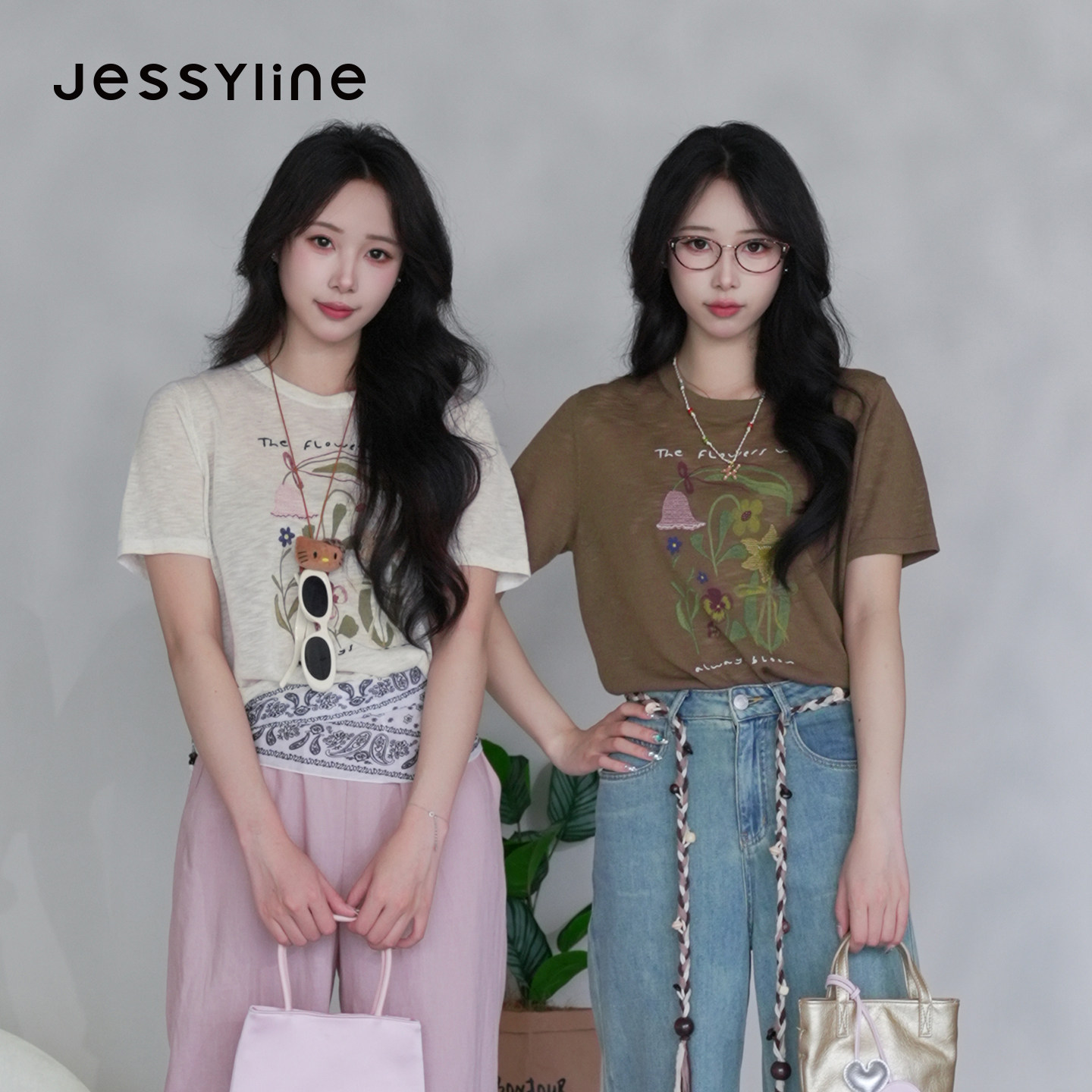 jessyline杰茜莱2026新款休闲花朵圆领短袖针织衫女夏季薄款上衣