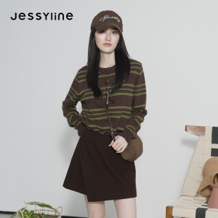 jessyline杰茜莱2026秋冬新款撞色条纹百搭针织开衫女毛衣小外套