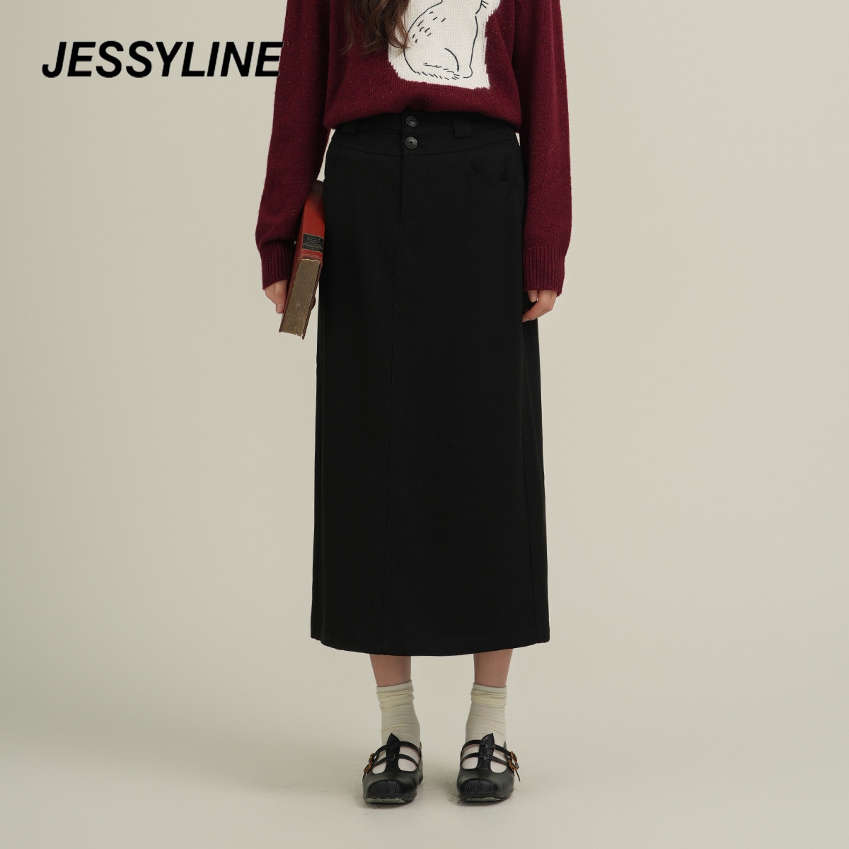杰茜莱绝美春秋季新款女装时尚黑色高腰直筒半身裙中裙 jessyline