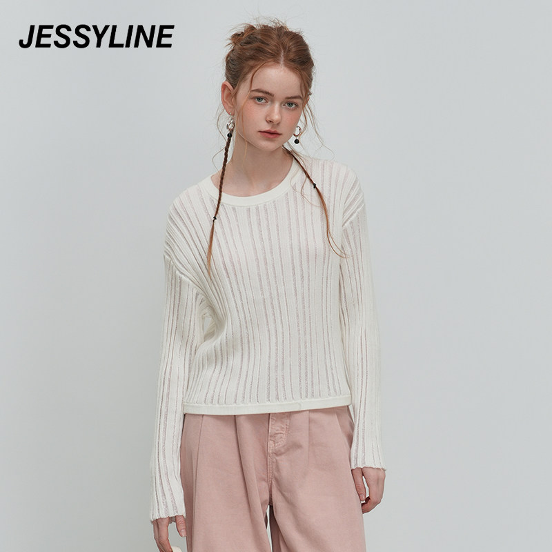 jessyline绝美春装新款 杰茜莱白色百搭短款套头针织衫女减龄毛衣