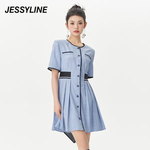 2折特卖款 jessyline夏女装 杰茜莱蓝色修身衬衫连衣裙 322211309