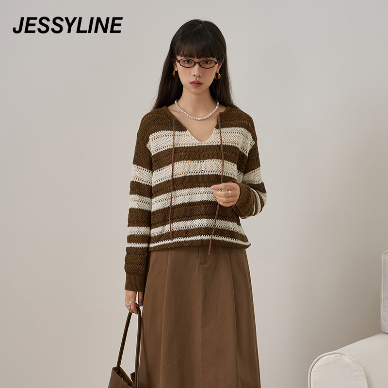 jessyline杰茜莱26秋新款慵懒风条纹系带针织衫女宽松长袖毛衣潮
