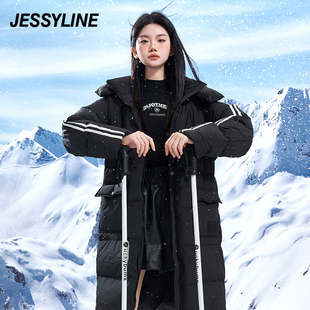 jessyline杰茜莱冬新中长款 黑色科技防水抗菌连帽防风羽绒服女潮