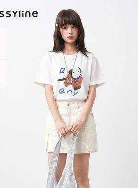 jessyline杰茜莱白灰色卡通减龄纯棉短袖T恤女2026夏新款百搭上衣