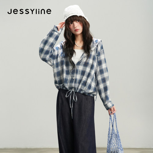 杰茜莱秋新款宽松格子连帽衬衫女
