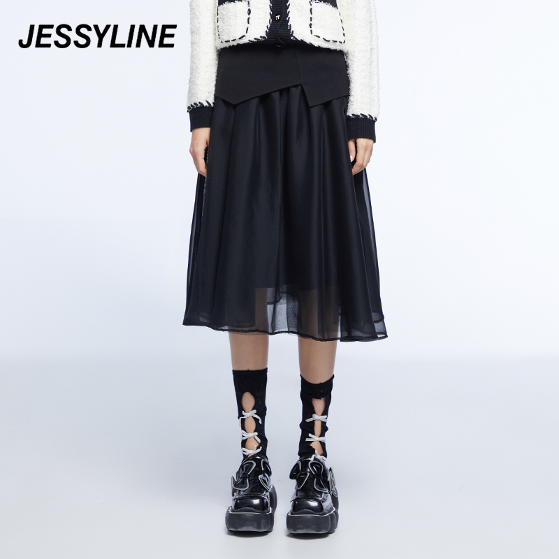 2折特卖款 jessyline女装冬季专柜新品 杰茜莱黑色中长款半身裙女