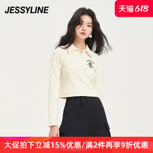 女春秋季 jessyline杰茜莱字母小熊刺绣短款 polo衫 T恤上衣 长袖 新款