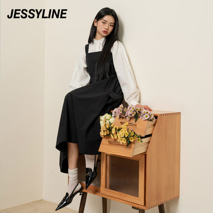 杰茜莱黑色百搭中长款连衣裙女2024春夏新款收腰背带裙 jessyline