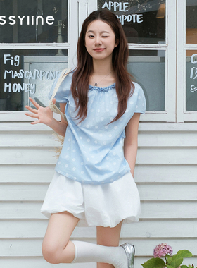 jessyline杰茜莱2026夏新款甜美少女风蓝色波点显瘦短袖衬衫女款