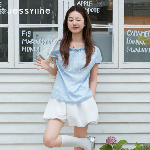 杰茜莱甜美蓝色波点显瘦短袖衬衫