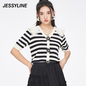 杰茜莱娃娃v领条纹显瘦针织开衫女春夏新短款百搭毛衣 jessyline