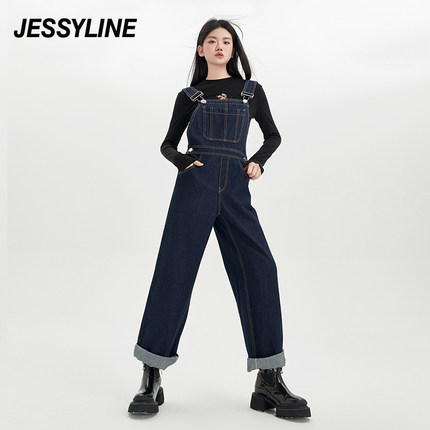 杰茜莱百搭显瘦牛仔背带裤女装春秋季新款休闲直筒裤潮 jessyline