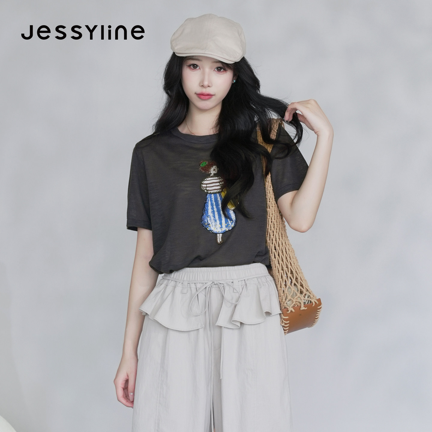 jessyline杰茜莱2026新款灰色圆领短袖薄款针织衫女夏季宽松上衣