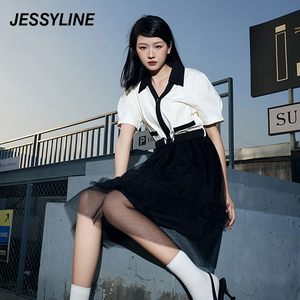 2折特卖款 jessyline杰茜莱夏女装黑白色修身显瘦v领高级感连衣裙