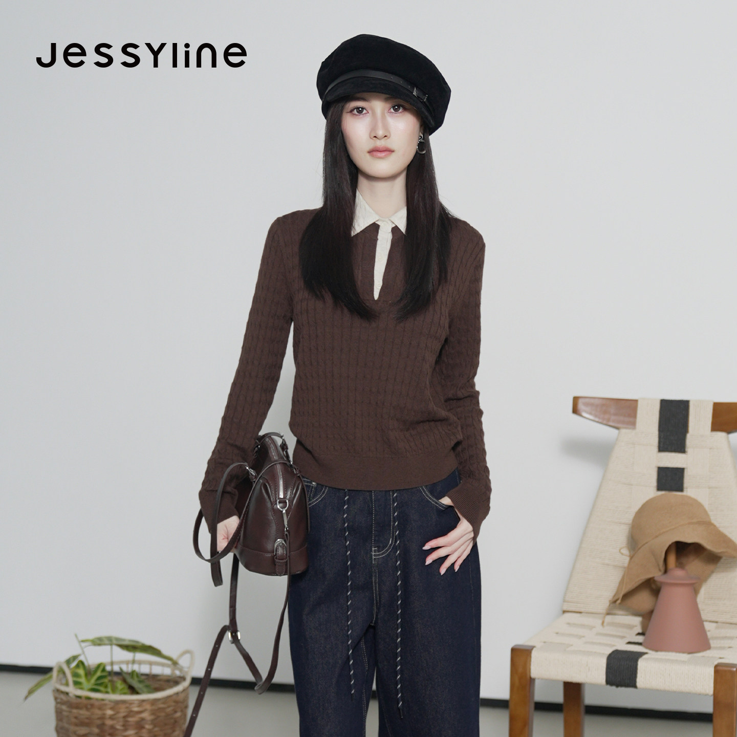 jessyline杰茜莱2026秋冬新款假两件翻领针织衫女通勤绵羊毛上衣