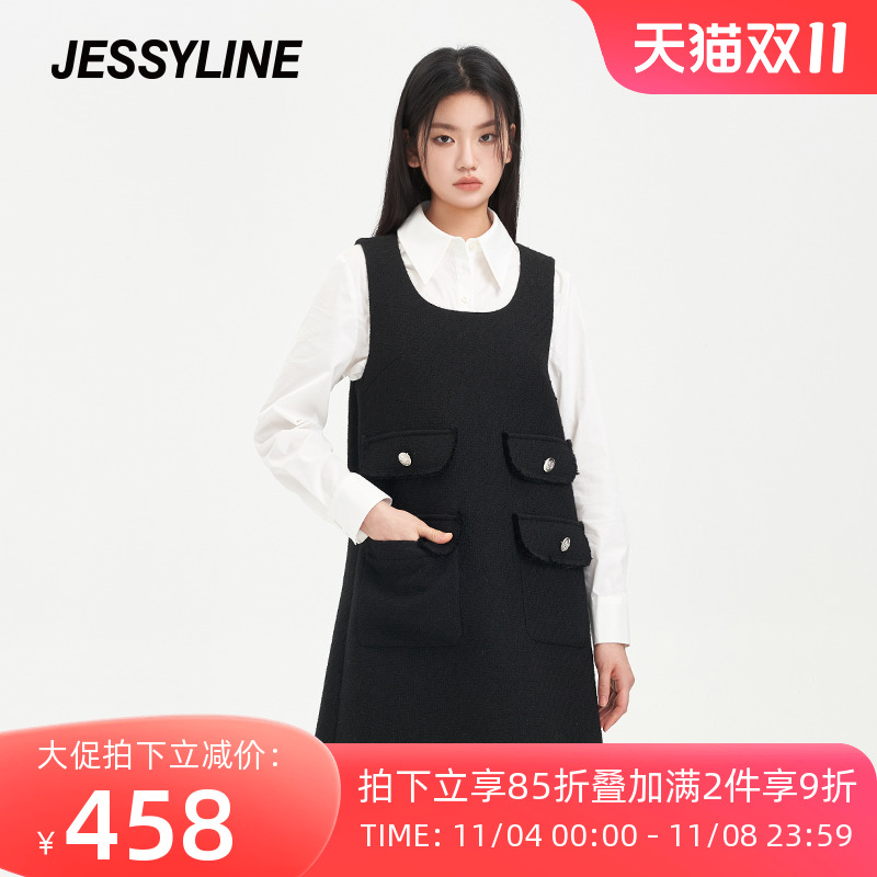 杰茜莱黑色百搭无袖连衣裙女2023秋冬新款马夹背心裙潮 jessyline
