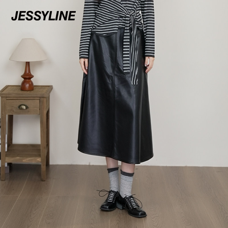 jessyline杰茜莱春秋季新款时尚黑色百搭中长款高腰a字半身皮裙潮