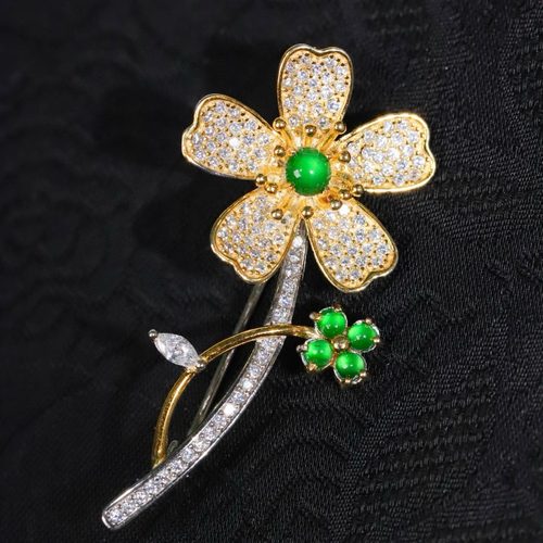 925纯银镀金天然A货翡翠花朵胸针女款胸针 辣绿色蛋面小清新款