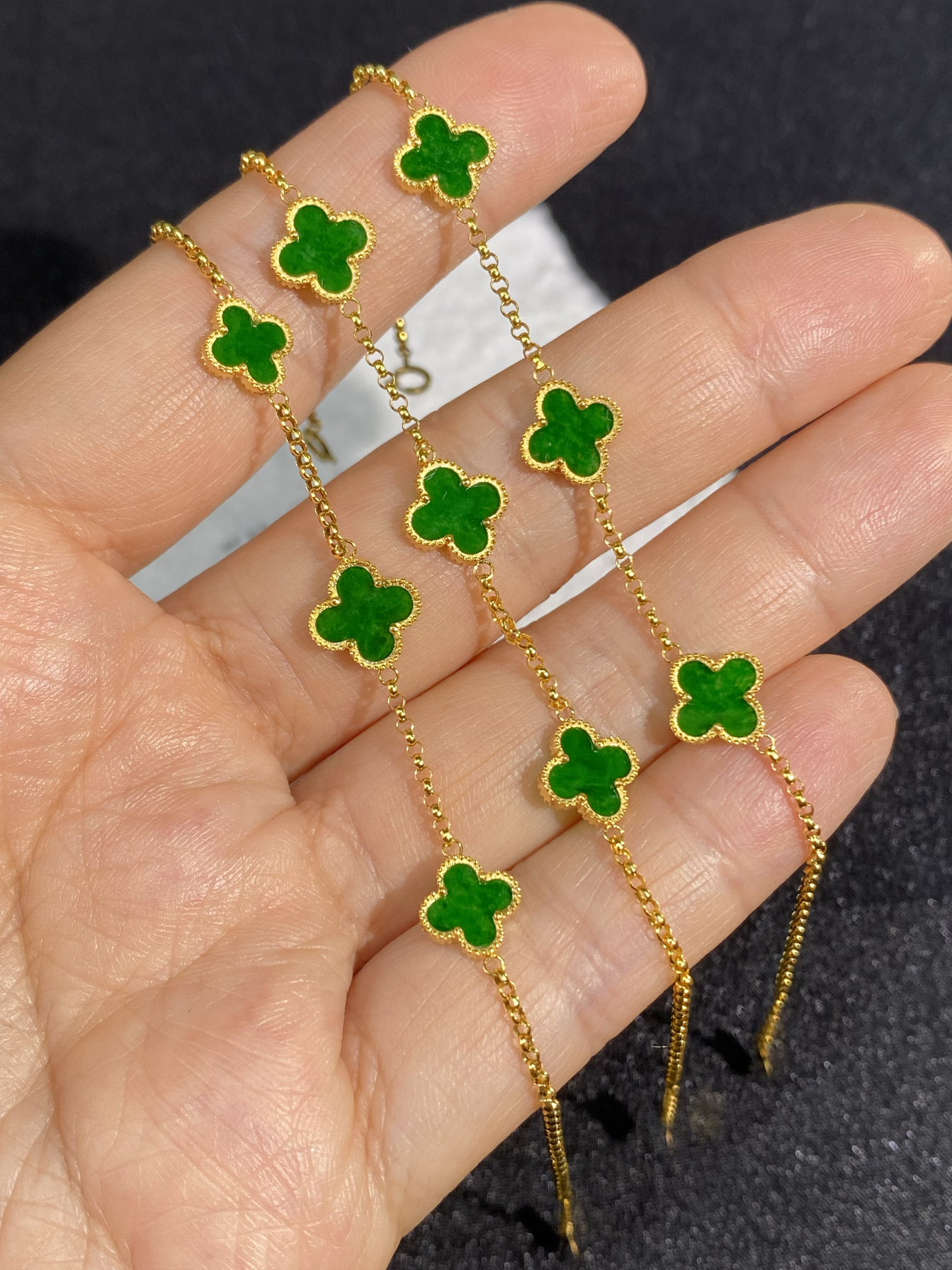 天然A货翡翠辣绿满绿四叶草18K金手链缅甸翡翠女