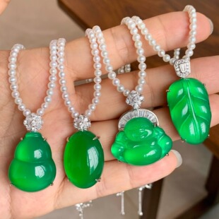 天然巴西玉髓 高品质蛋面佛公叶子 葫芦 925纯银 天然珍珠项链