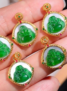 18K金天然A货翡翠佛公吊坠 K黄金阳绿色新中式国风珠宝生日礼物