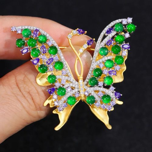 通体925纯银镀黄金 天然A货翡翠蝴蝶胸针吊坠两用款 女款 辣绿色