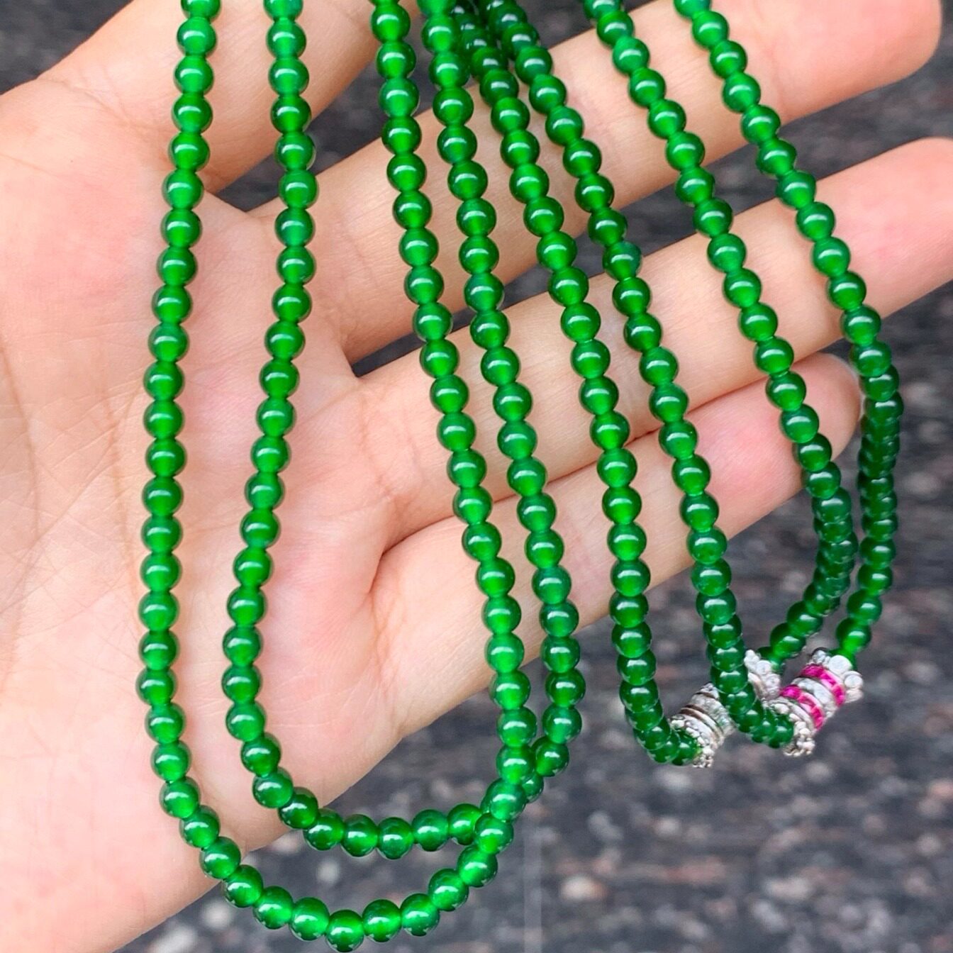 天然A货翡翠小米珠手链项链两用925纯银女款 辣绿色冰种危料翡翠