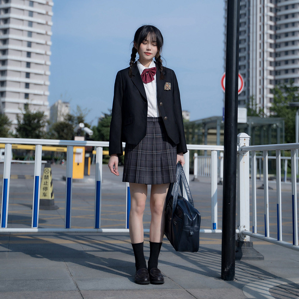 日韩系JK制服外套西服女黑色西装学院长袖徽章学生上衣校服栗子蜜