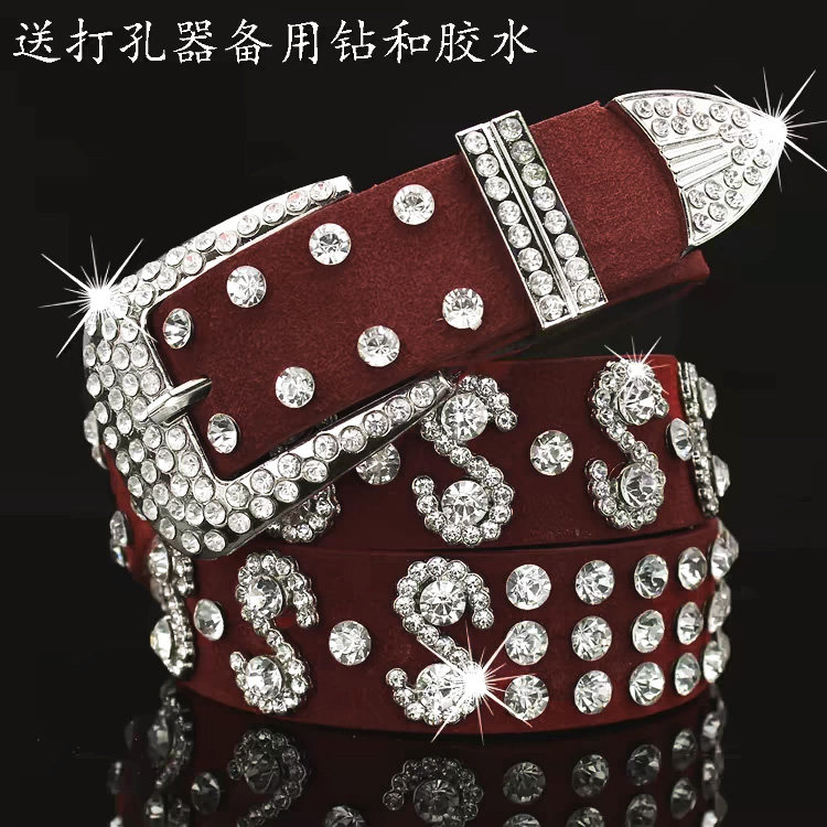 红色腰带女士宽真皮水钻亮钻装饰皮带时尚百搭配牛仔裤带带钻白色