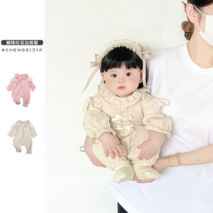 蝴蝶结长袖 女宝宝春秋季 爬服女童蕾丝花边连体衣婴儿可爱甜美衣服