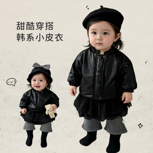 女童冬款加绒皮衣套装女宝宝加厚保暖夹克外套婴幼儿蕾丝花边裤子