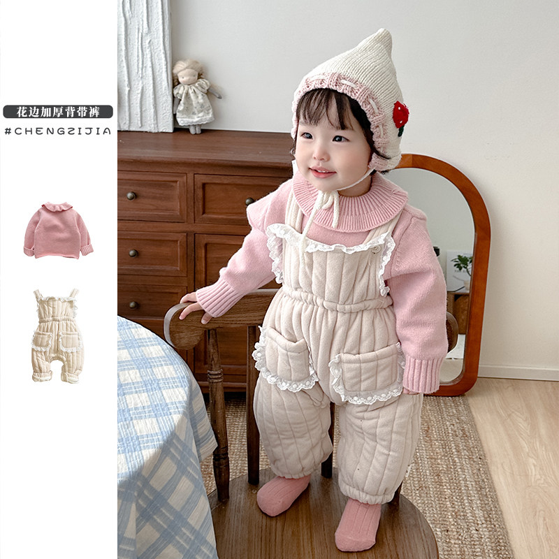 韩系女童背带裤套装洋气小女孩打底针织毛衣宝宝加厚保暖加绒裤子,童装/婴儿装/亲子装,套装,淘宝优惠券,粉丝福利购,淘宝优惠卷