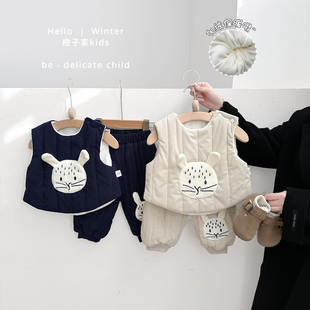子 男童洋气加绒加厚背心婴幼儿保暖束脚裤 男宝宝冬款 卡通马甲套装