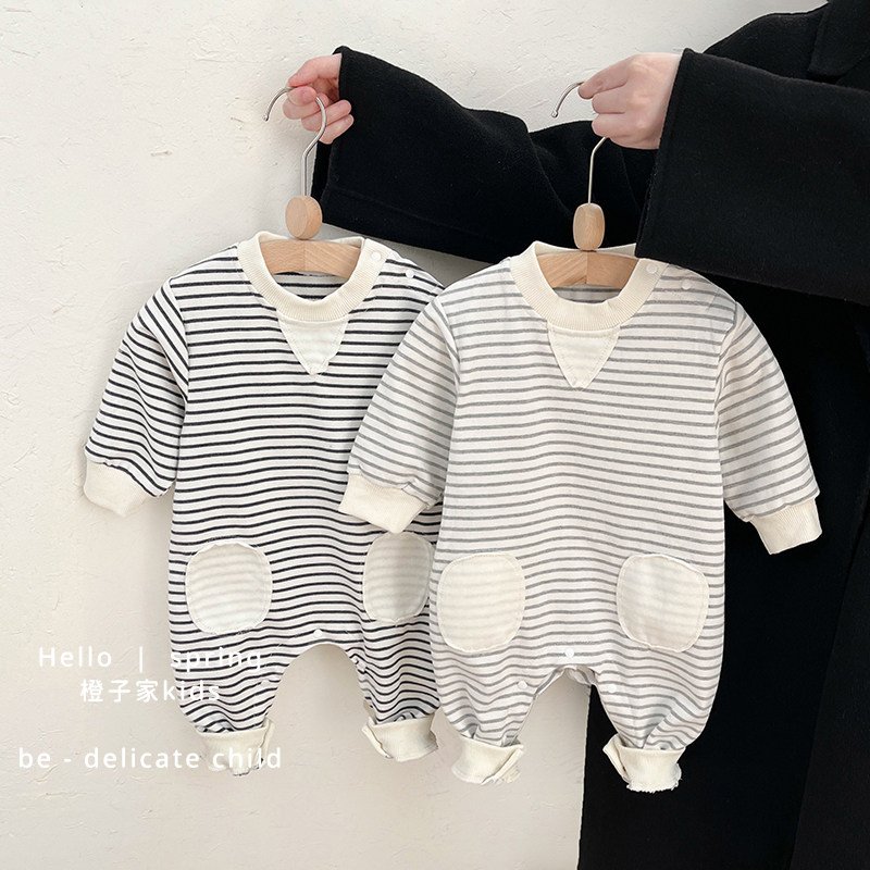 婴儿春秋装长袖连体衣条纹爬服