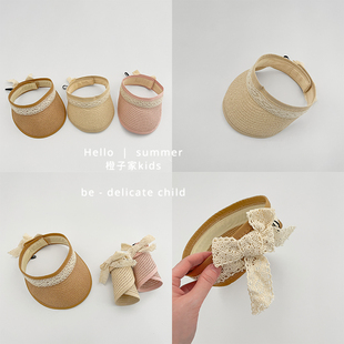 婴儿夏季新款空顶凉帽男女童可折叠遮阳草编帽宝宝薄款蕾丝太阳帽