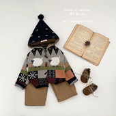 加厚保暖针织开衫 男童冬款 洋气撞色精灵帽毛衣女宝宝韩版 婴儿外套