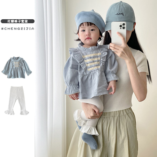 宽松衬衫 套装 宝宝长袖 婴儿可爱长裤 花边领娃娃衫 女童春秋装 喇叭裤