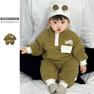 婴幼儿冬季 洋气女宝宝保暖运动服两件套 套装 男童加绒加厚卫衣卫裤