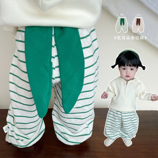 婴儿宽松束脚裤 女宝宝春秋款 洋气条纹长裤 卡通兔耳朵裤 子女童韩版