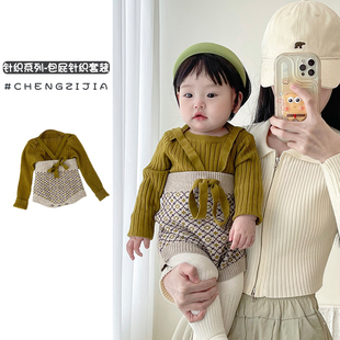 婴儿衣服春秋季 针织哈衣满月百天爬服包屁衣两件套 套装 女宝宝春装