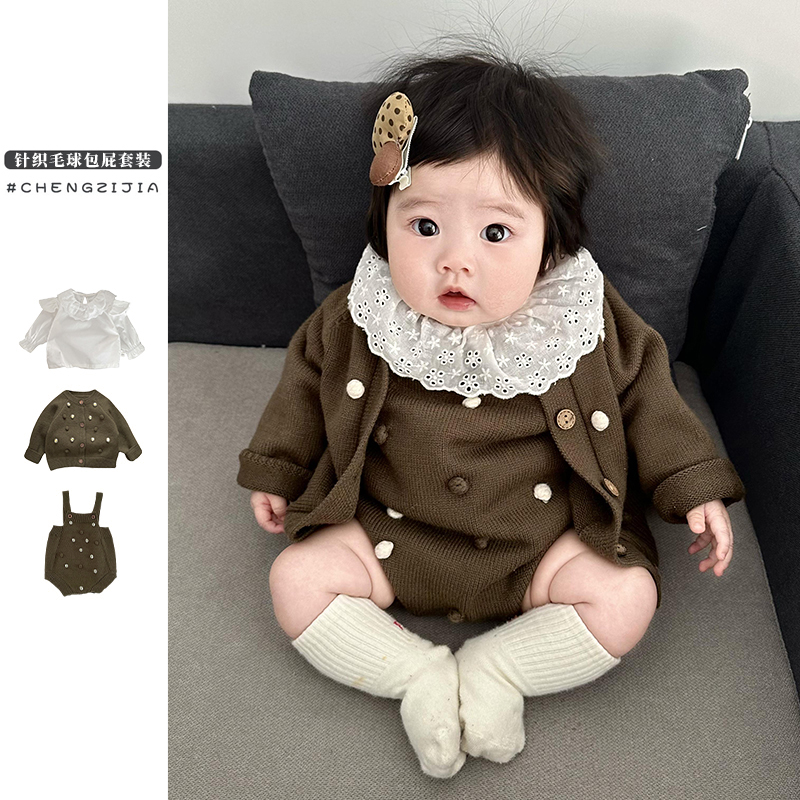 女童早春套装针织外套包屁背带裤