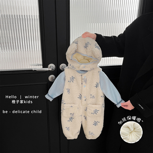 宝宝韩版 套装 碎花加绒加厚连体衣婴儿保暖毛衣 可爱背带裤 女童冬款