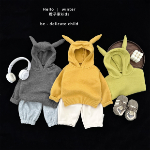 百搭上衣 女宝宝潮酷套头毛衣婴幼儿韩版 男童春秋款 洋气连帽针织衫