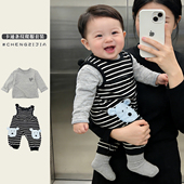 男宝宝春秋款 新生儿满月可爱连体衣婴儿百搭打底上衣 条纹爬服套装